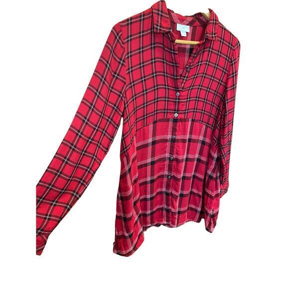 J.Jill Red & Black Tartan Plaid A-Line Tunic Long Button Down Collared Shirt XS - Picture 7 of 17